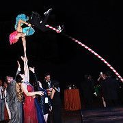 Acrobats performing a daring stunt. One is propelled through the air with a glowing line, other performers below.
