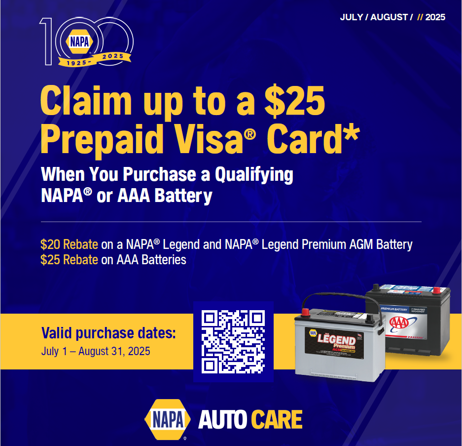 NAPA Auto Care July to August 2025 Battery Rebate | Advanced Repair, Inc.
