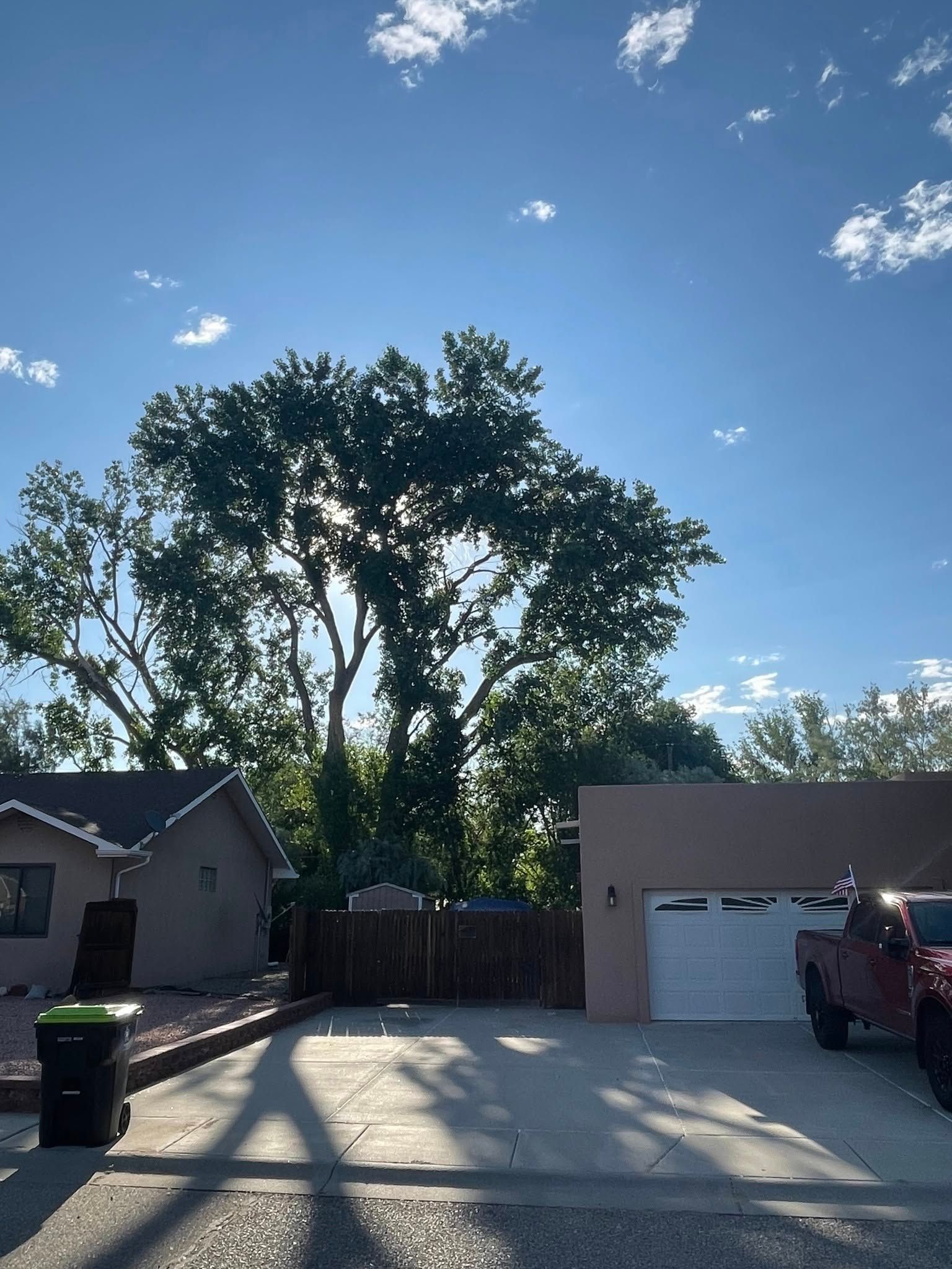 A sunny day shows a tan house, garage, and a tall tree in front. A truck is parked to the right.