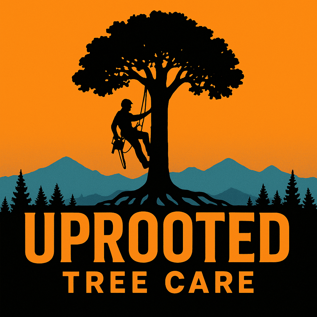 Silhouette of arborist climbing a tree with a chainsaw, orange and blue landscape, "UPROOTED TREE CARE".
