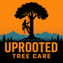 Silhouette of arborist climbing a tree with a chainsaw, orange and blue landscape, "UPROOTED TREE CARE".
