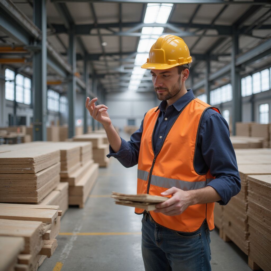 Worker in orange vest and hard hat inspecting wood planks in a warehouse.