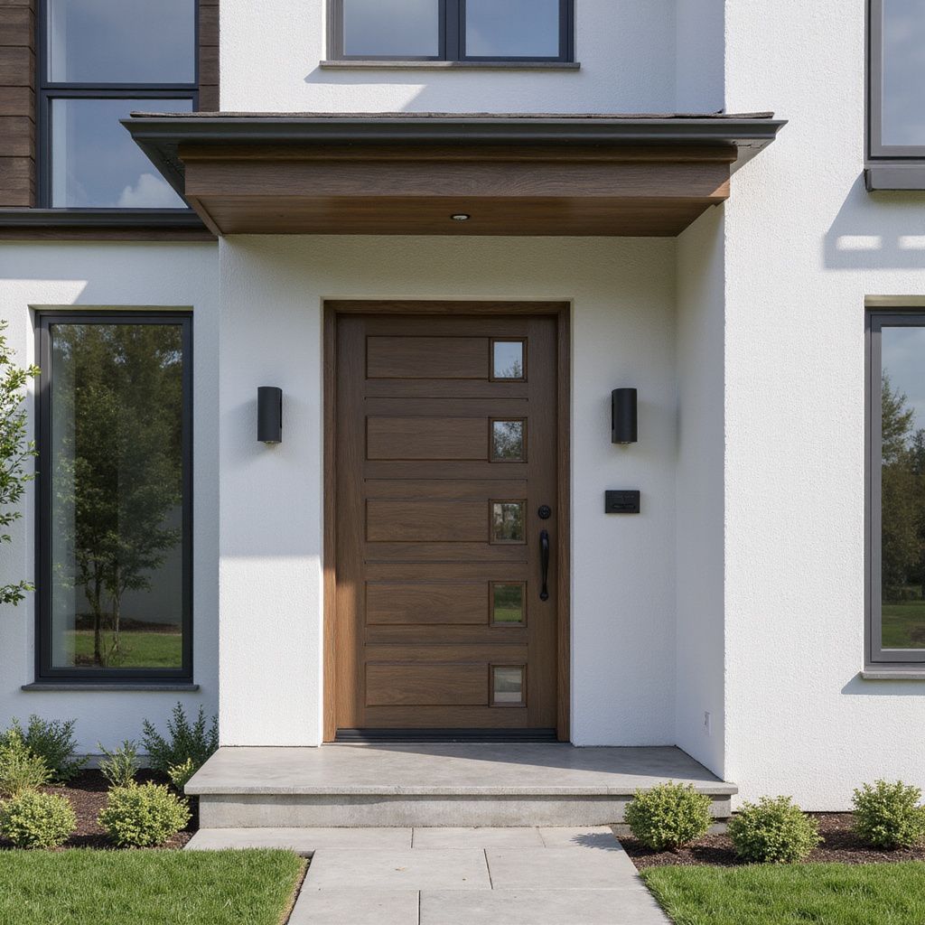 Modern home exterior with brown front door, sidelights, and a small overhang.