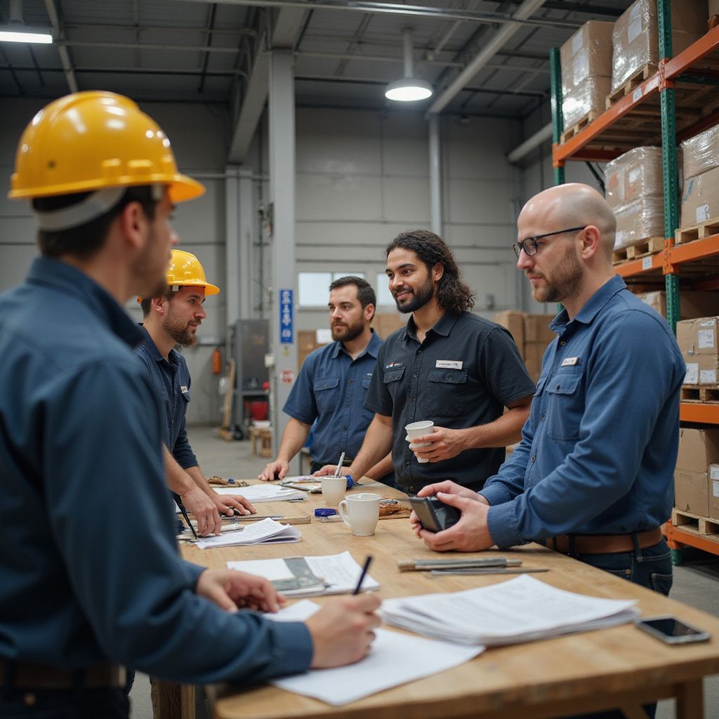 Warehouse workers in safety gear and casual clothes, discussing documents around a wooden table in a warehouse.