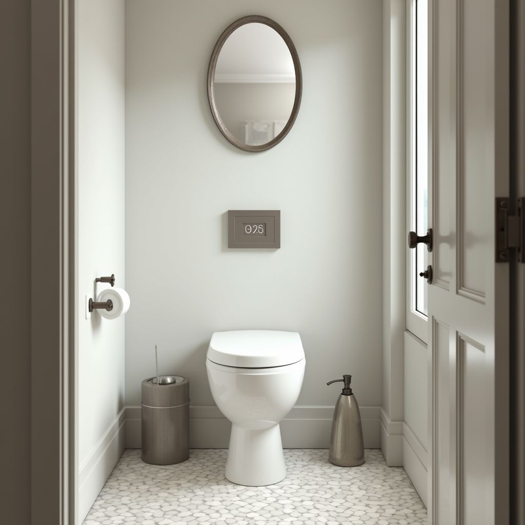 Small bathroom with a toilet, oval mirror, and silver accessories. Light gray walls, mosaic floor.