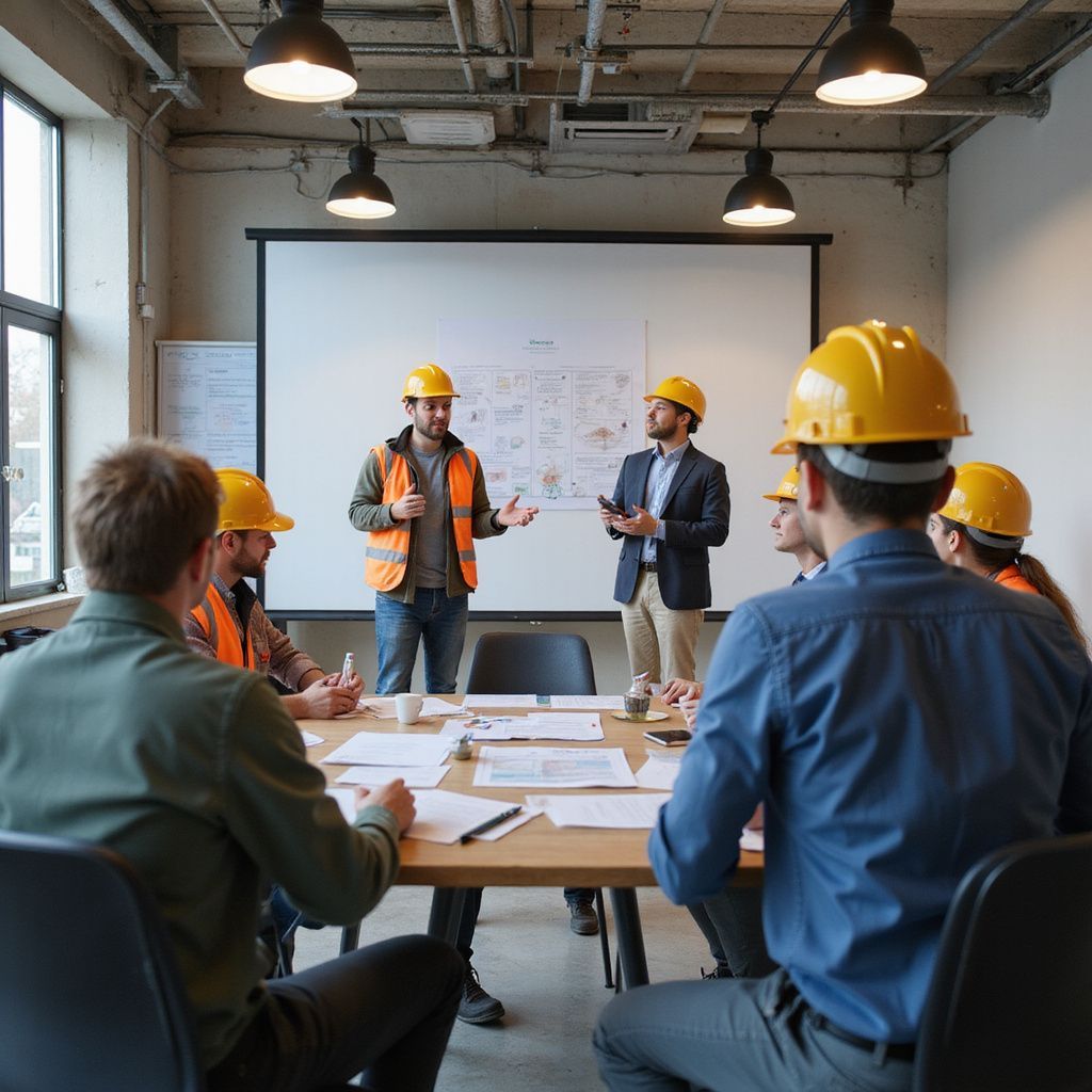 Construction workers in hard hats at a meeting, reviewing plans projected on a screen in an office.