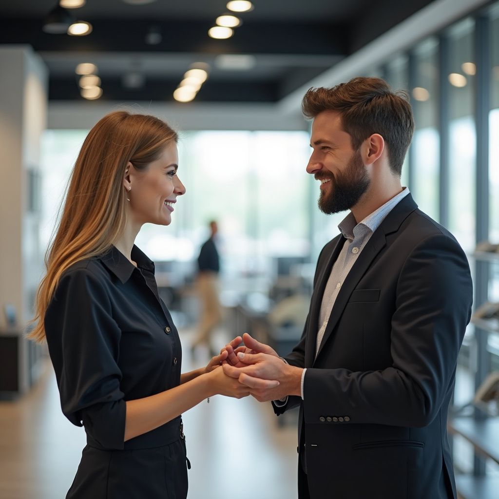 Woman and man smiling, holding hands, in a modern office space.