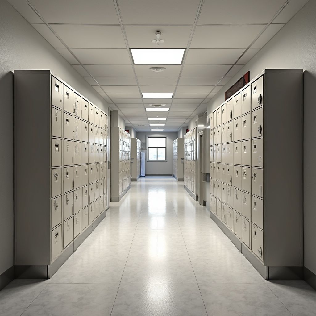 School hallway lined with lockers. Bright lighting, window at the end. Empty, clean.
