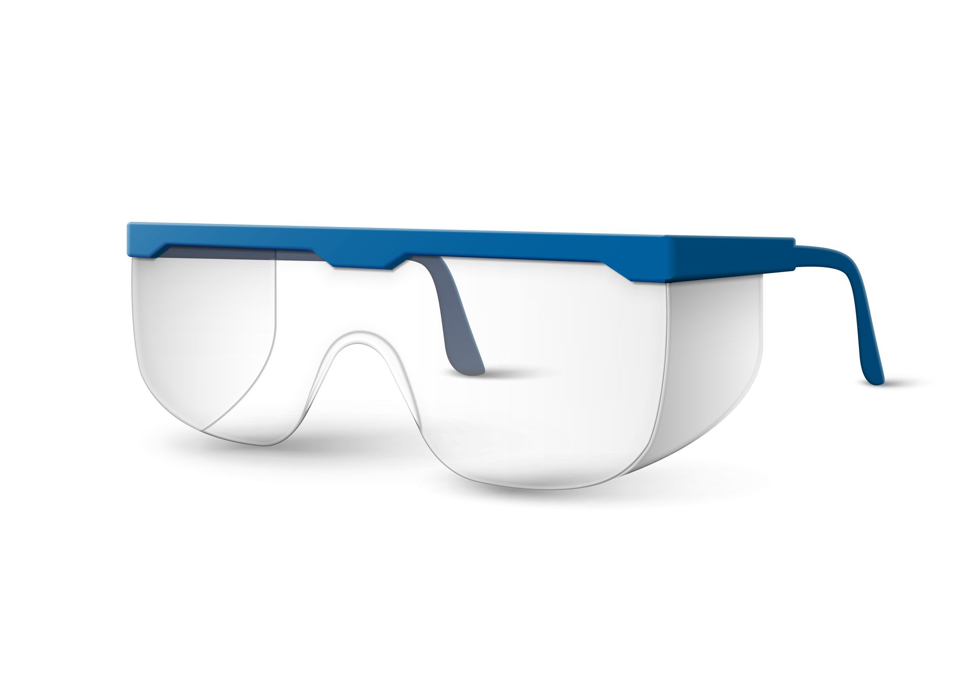 Gafas de seguridad azules con lentes transparentes y una correa lateral sobre un fondo blanco.