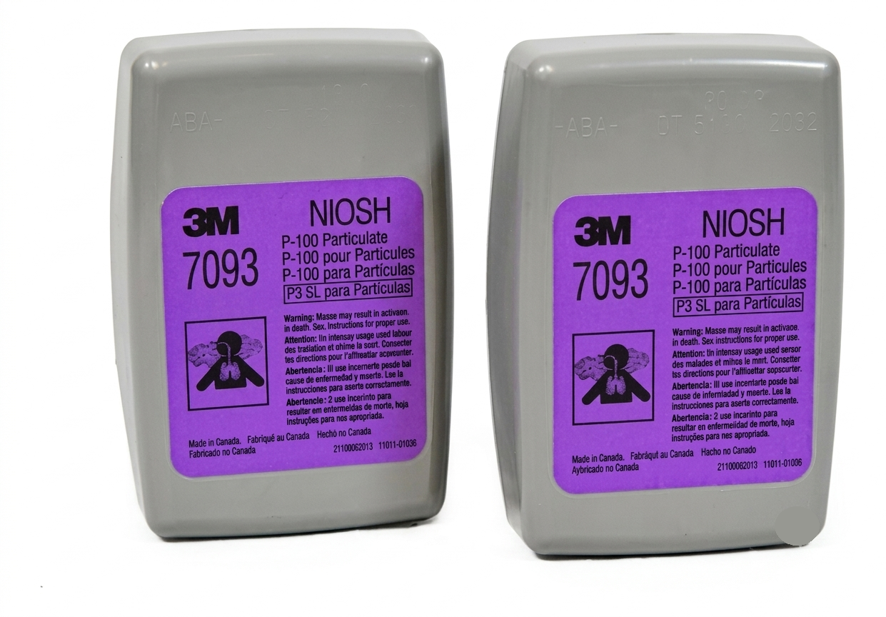Dos cajas de filtro para respirador 3M 7093 NIOSH grises con etiquetas moradas, una al lado de la otra.