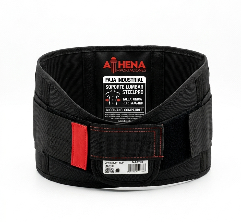 Cinturón de soporte ajustable negro con detalles rojos y etiqueta Athena sobre fondo blanco.