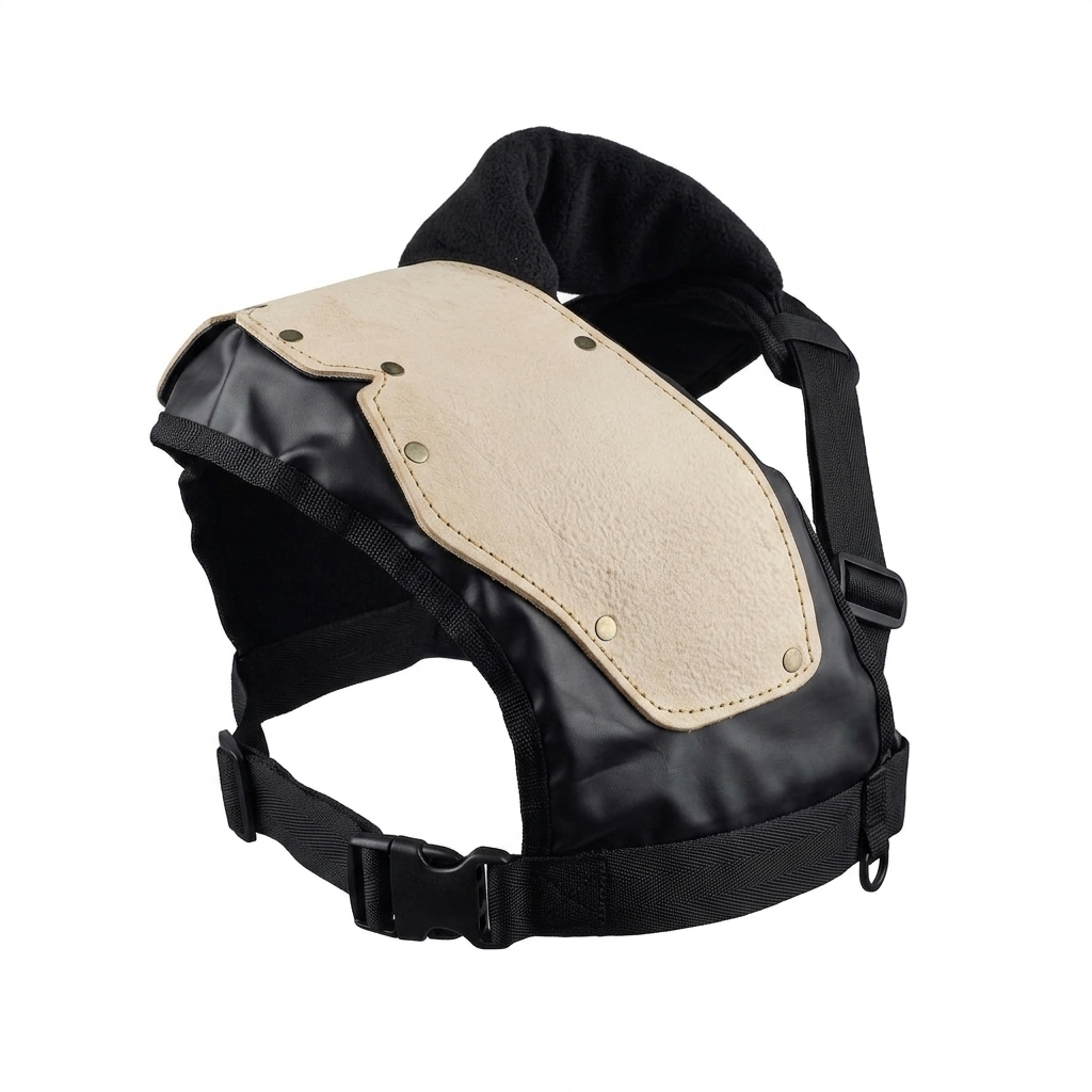 Arnés negro para mascotas con panel acolchado beige y correas ajustables sobre fondo blanco.