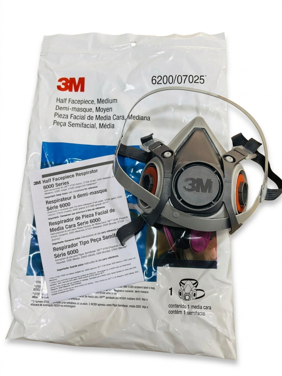Respirador reutilizable de media cara 3M en envase transparente con hoja de instrucciones, fondo blanco