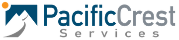 A logo for pacific crest services with a mountain in the background