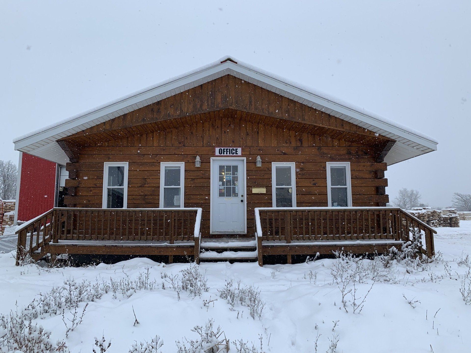 front view of cottage during the winter