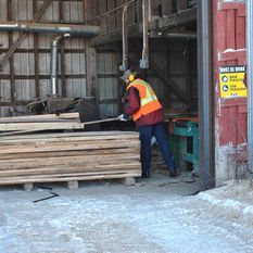 worker piling up wood planks