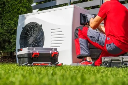 Person in red shirt and gray pants repairing an outdoor white air conditioning unit with toolbox on grass.
