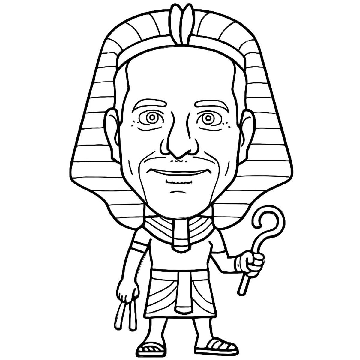 Black and white line drawing of a cartoon pharaoh wearing a headdress, holding a crook, and smiling.