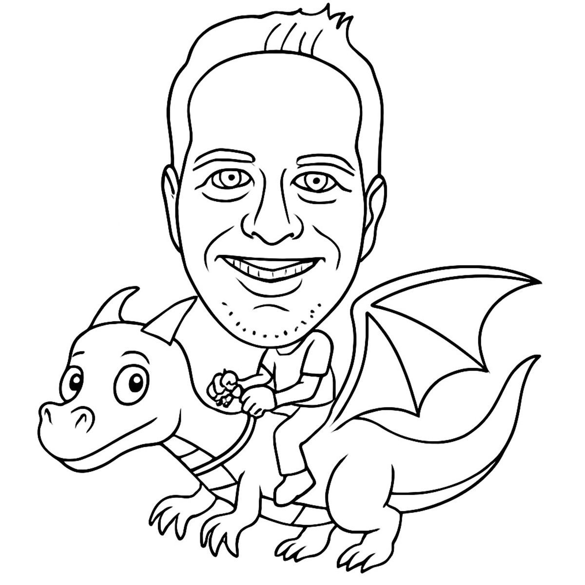 Black-and-white line drawing of a person with a large head riding a small, friendly dragon.
