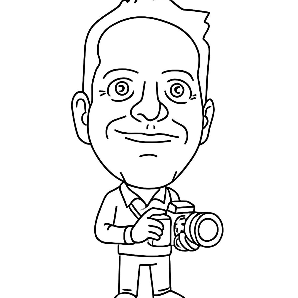 A black-and-white line drawing of a person with a large head smiling and holding a professional camera.