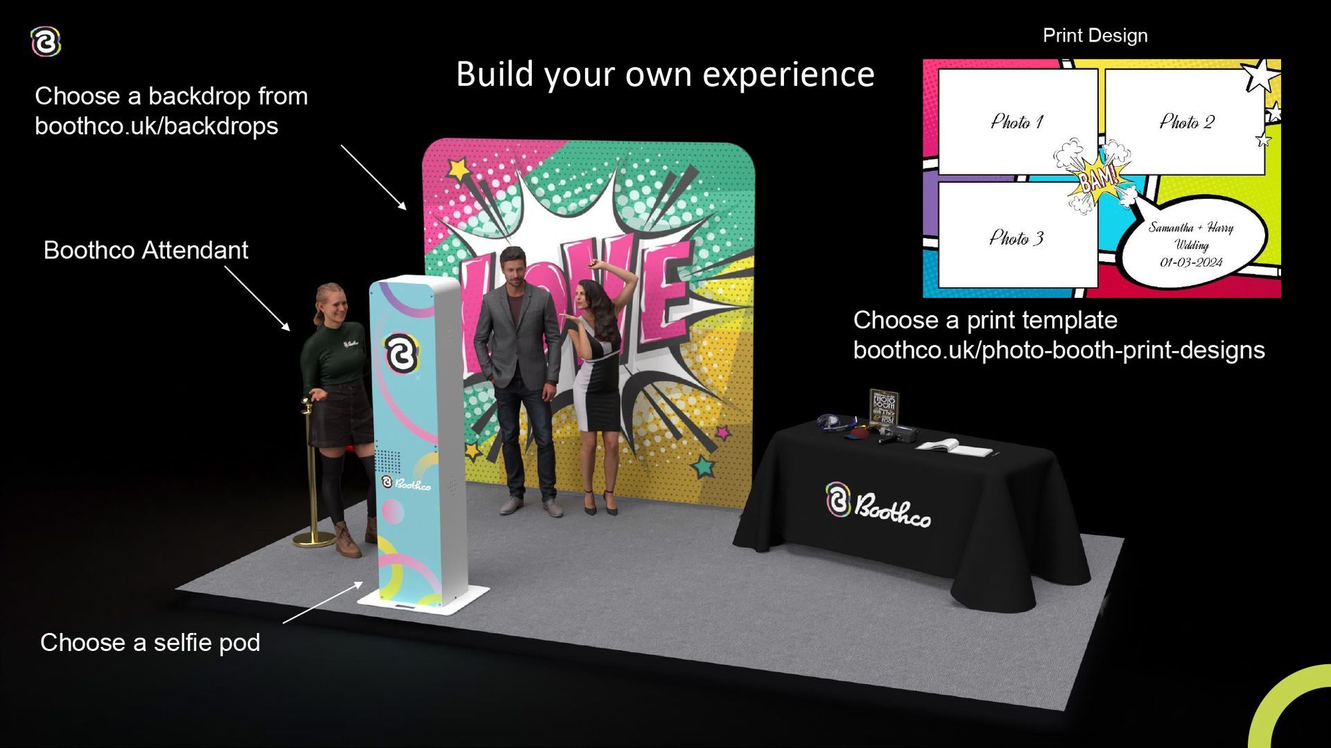 A photo booth setup with a colorful backdrop, a selfie pod, an attendant, a print design preview, and a branded table.
