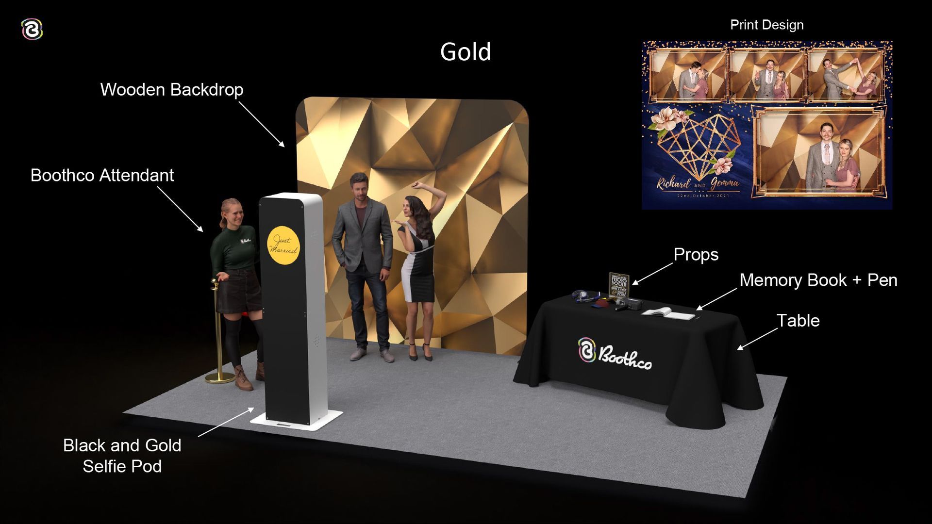 A photo booth rental setup featuring a gold backdrop, booth kiosk with attendant, props, memory book, and table.