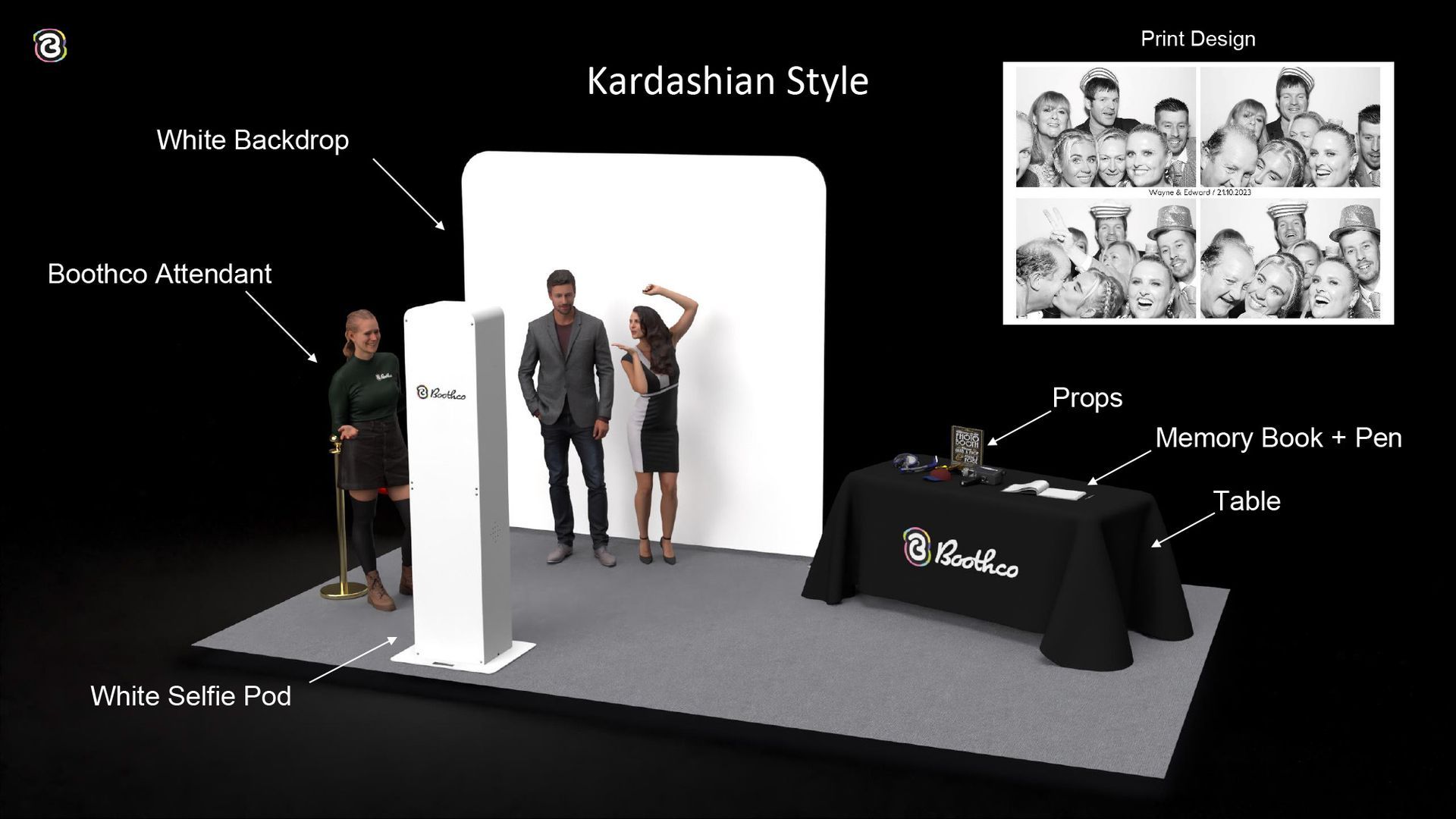 A Kardashian-style photo booth setup featuring a white backdrop, photo pod, attendant, and a prop table with prints.