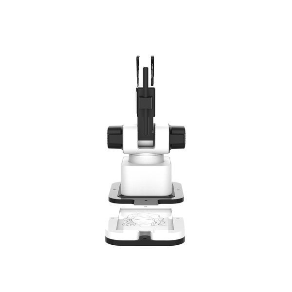 A white robotic arm with black joints sits on a base, shown from a front-facing perspective.
