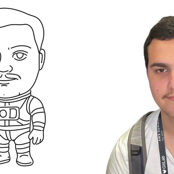 A line-art drawing of an astronaut character next to a person wearing a white shirt and a lanyard.