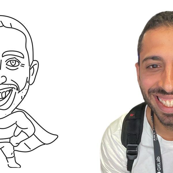 A smiling person with a GitLab lanyard stands next to a line-art caricature drawing of themselves as a superhero.