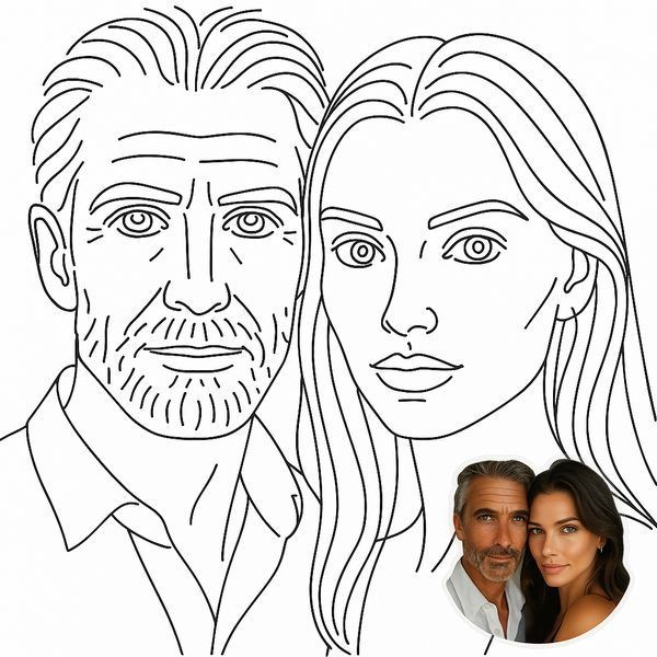 Line art sketch of two people side-by-side, based on the small inset portrait photo at the bottom right.