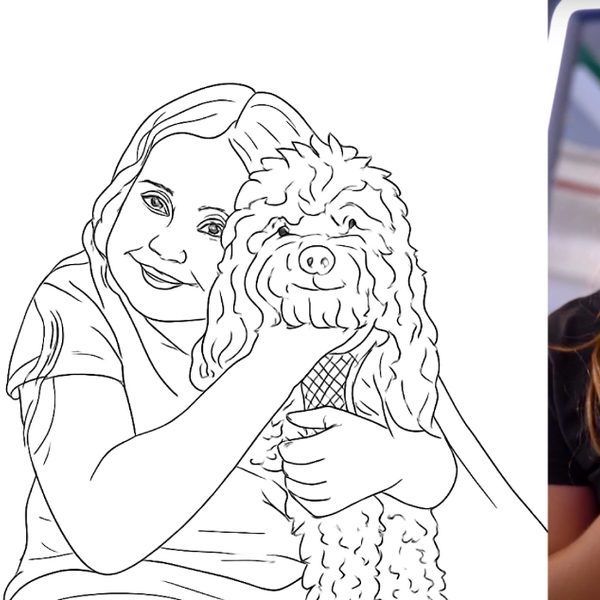 A black-and-white line drawing shows a person smiling while affectionately holding a curly-haired dog.