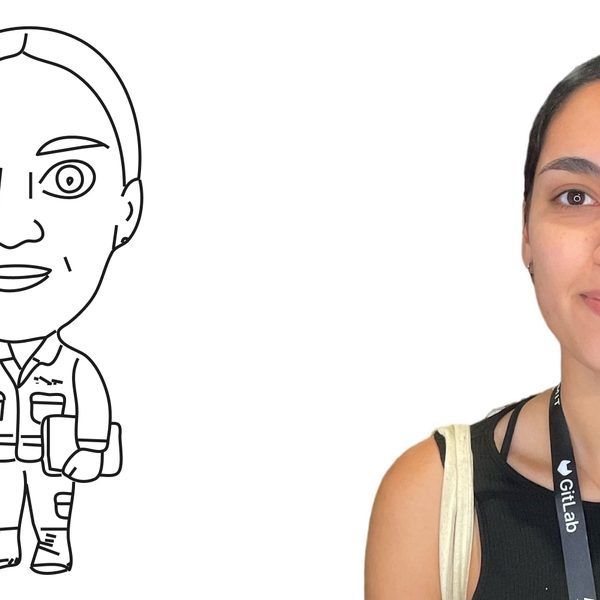 A person next to a line drawing caricature of themselves, wearing a black tank top and a GitLab lanyard.