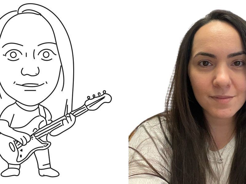 A side-by-side comparison of a line-art cartoon character playing an electric guitar and a photograph of a person.