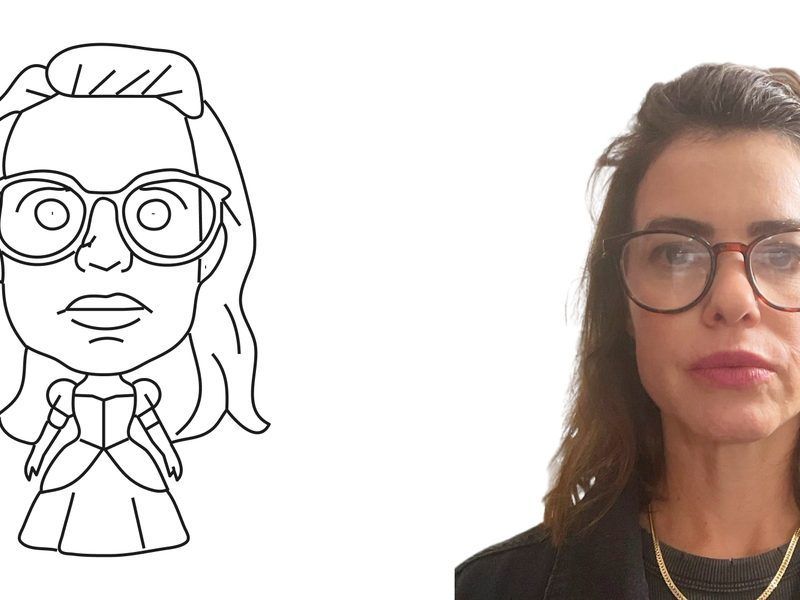 A side-by-side comparison of a line-art cartoon character and a person, both wearing glasses and having similar hair.