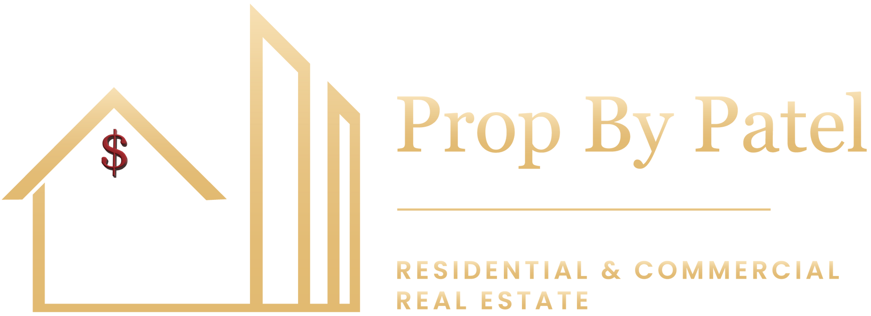 Logo for Prop By Patel Real Estate featuring a gold house with a dollar sign and a gold stylized skyscraper.