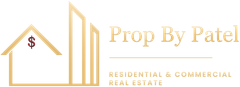 Logo for Prop By Patel Real Estate featuring a gold house with a dollar sign and a gold stylized skyscraper.