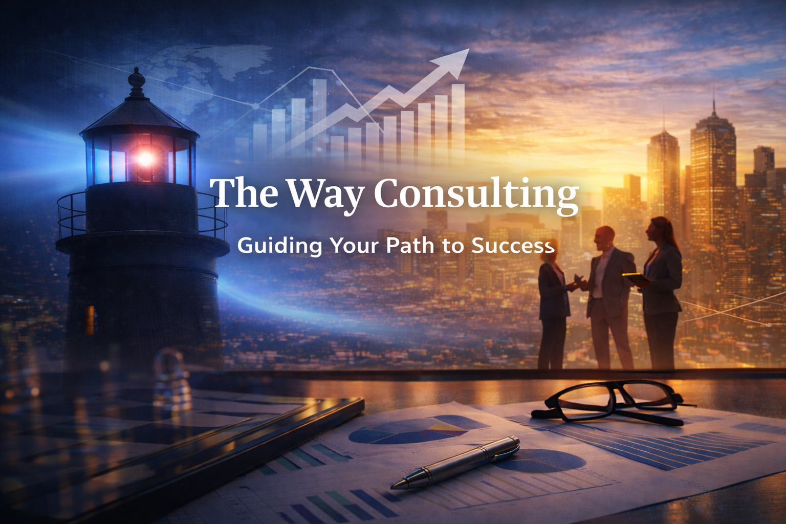 Lighthouse and figures in front of a city skyline with graphs and documents, company logo 