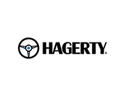 A hagerty logo with a steering wheel on a white background.