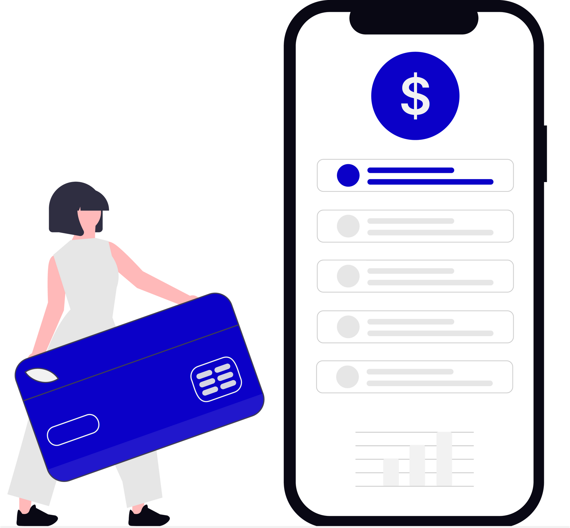 A woman is holding a credit card next to a cell phone.