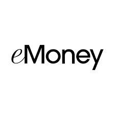 A black and white logo for emoney on a white background.