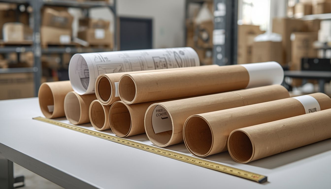 Cardboard mailing tubes of different diameters with rolled posters and blueprints