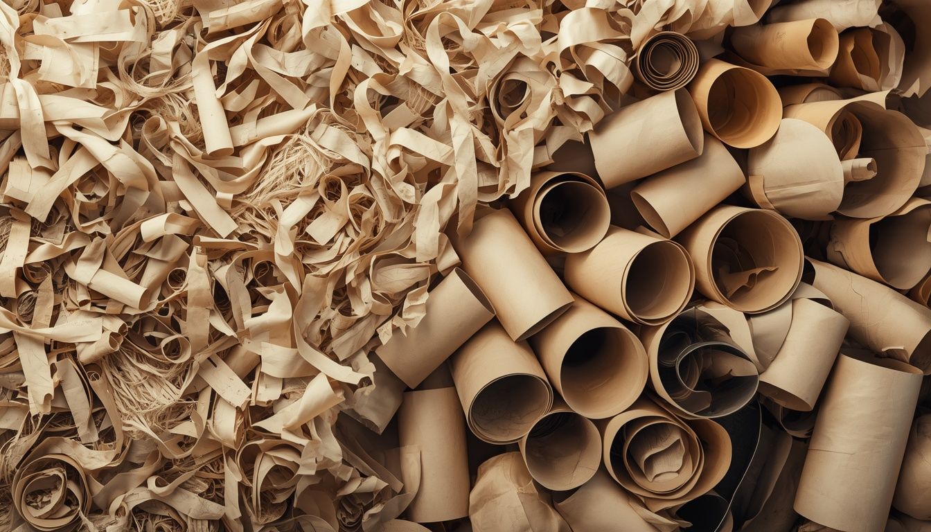 Illustration showing recycled paper materials transformed into finished spiral paper tubes