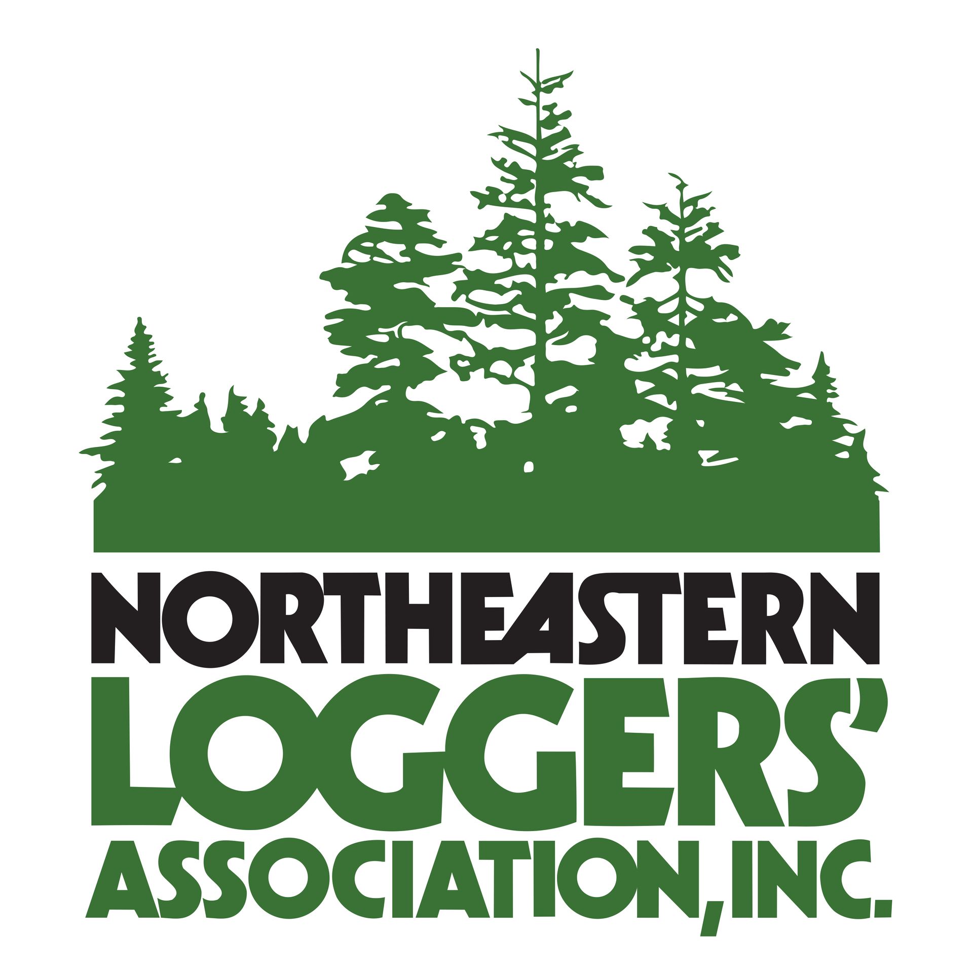 Logo of the Northeastern Loggers' Association, Inc. Green trees over black text 