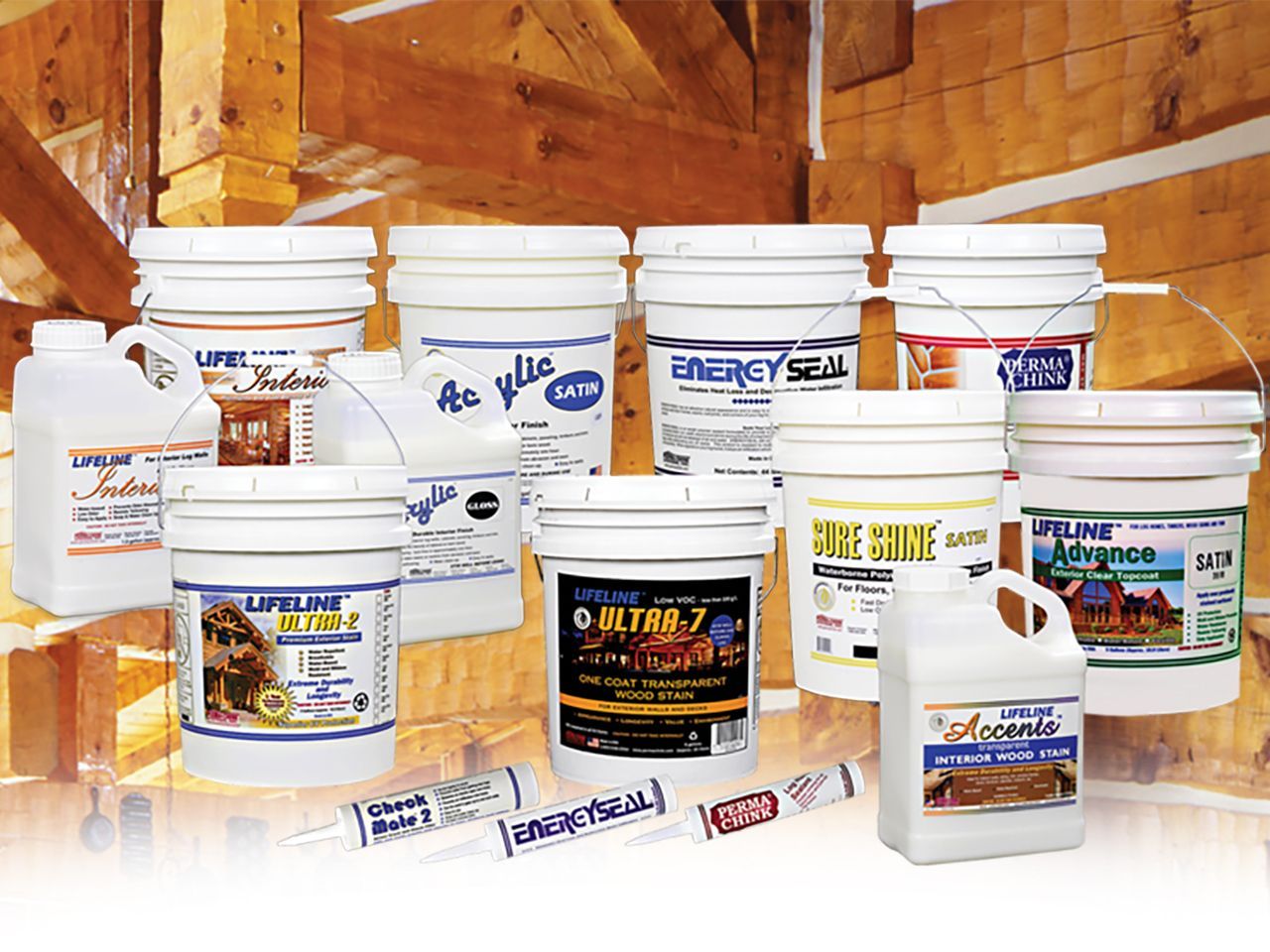 Buckets and jugs of wood sealant products on a wood beam background.