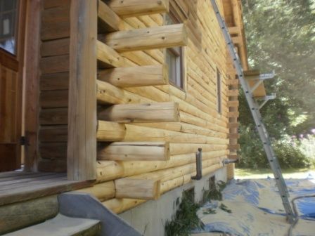 Log cabin exterior with wooden logs, a porch, and a ladder.
