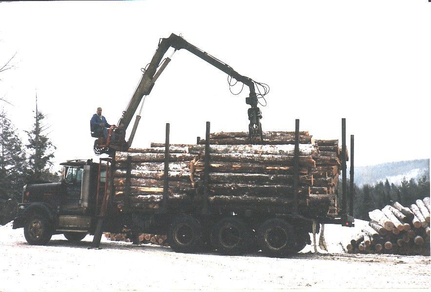 Truck with a crane loading logs in a snowy outdoor setting. A worker operates the crane.