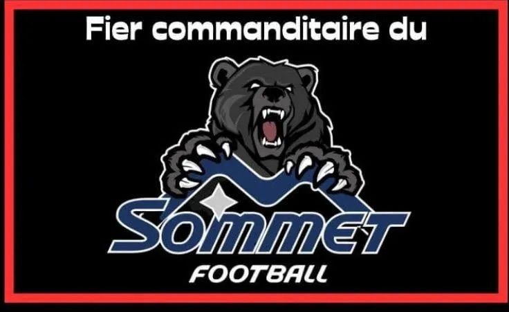 Un graphique avec le texte « Fier commanditaire du Sommet FOOTBALL » présentant un logo d'ours noir menaçant au-dessus du mot Sommet.