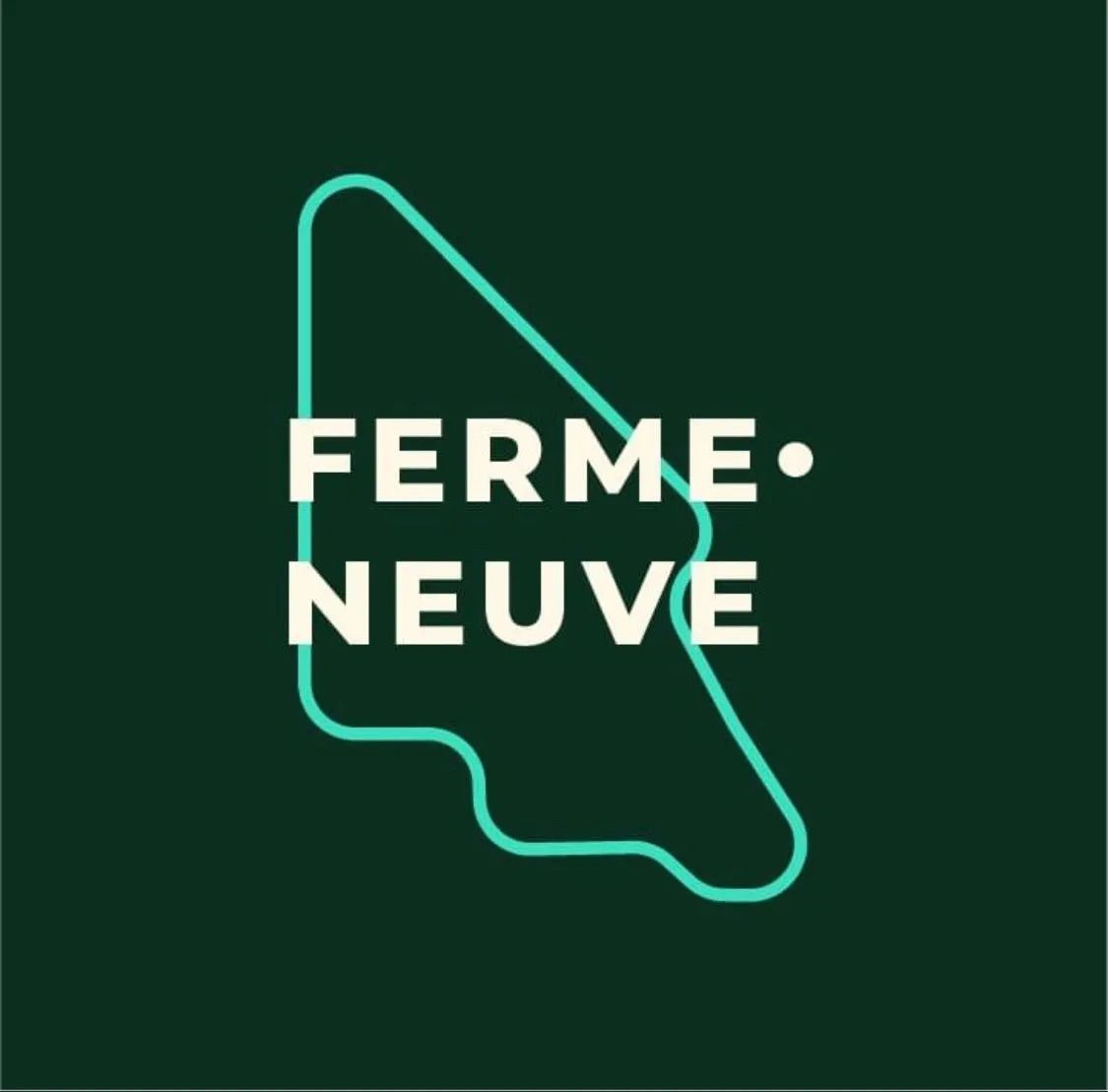 Logo sur fond vert foncé : un contour triangulaire turquoise aux bords ondulés encadrant le texte beige « FERME•NEUVE ».