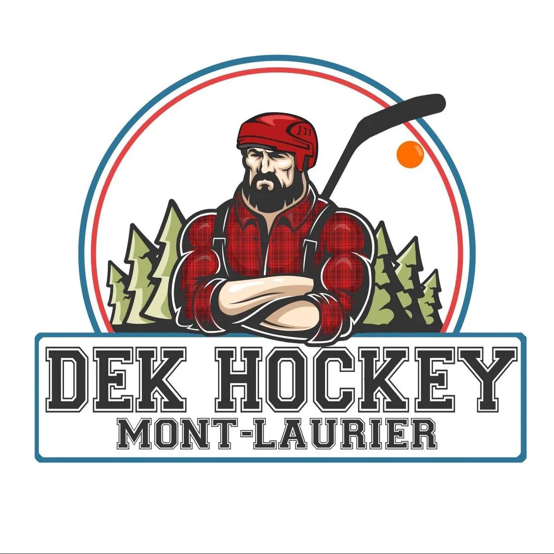 Logo de Dek Hockey Mont-Laurier représentant un joueur barbu portant une chemise à carreaux rouges et un casque, les bras croisés, avec une crosse.
